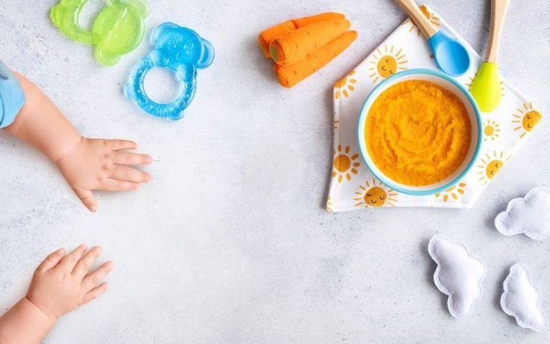 Healthy baby food background, organic carrot puree